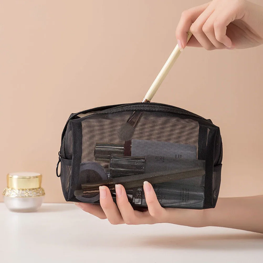 

3Pcs Mesh Zipper Pouch Set Black Transparent Makeup Organizer Different Size Travel Toiletry Storage Hanging Mesh Bags