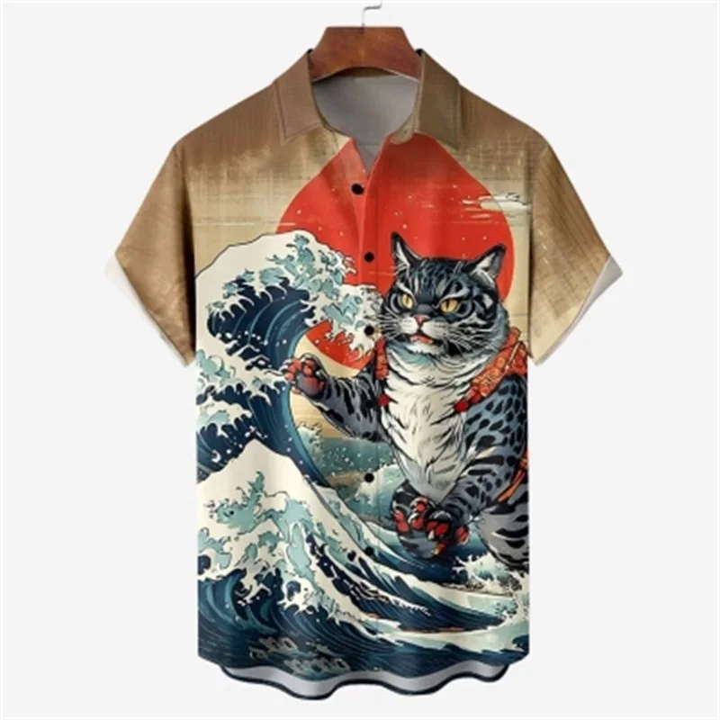 Camisa de praia de manga curta retro masculina verão casual ukiyoe gatinho pesca tubarão impressão camisas havaianas lapela masculina aloha camisa