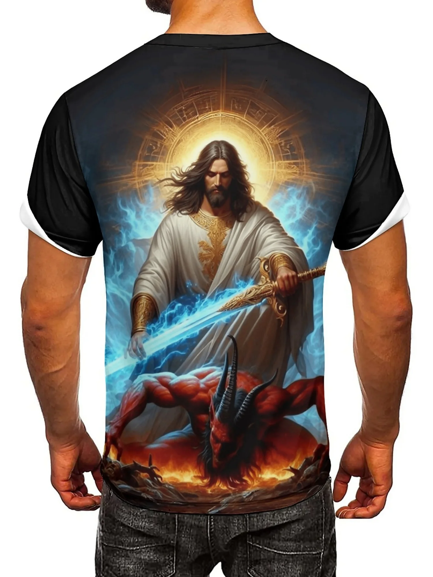 Jesus vs. Devil 3D Graphic T-Shirt - Bold Religious Battle Print, 100% Polyester, Loose Fit Short Sleeve Tee for Men & Teens