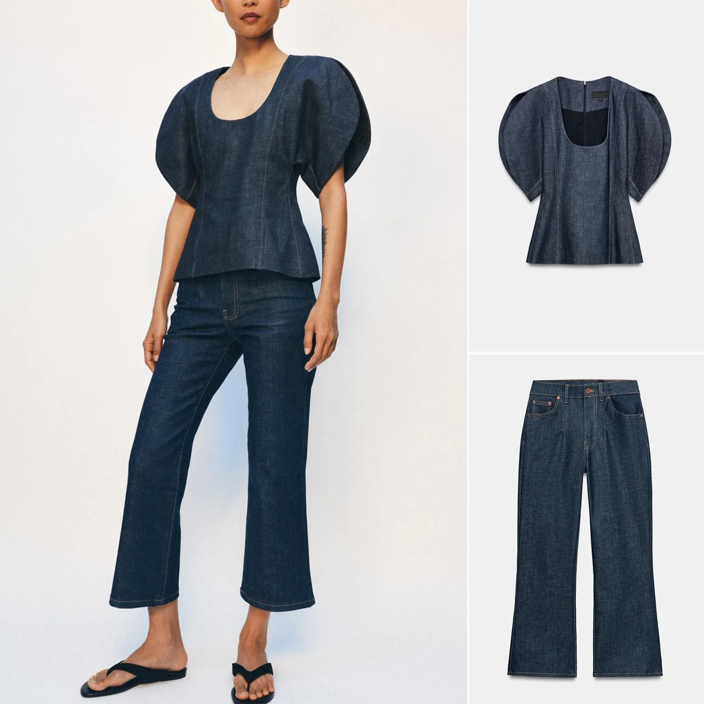 

Long Midi Flared Jeans And Bubble Sleeve Shirt Women's Summer Fashion Set round Neck Short Sleeve Denim Shirt And Long Jeans