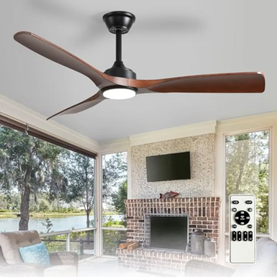 

52-Inch Ceiling Fan with Light: Walnut 3 Blade Outdoor Fans for Patios Dimmable Indoor Fan with Remote APP Control, Ultra Quiet