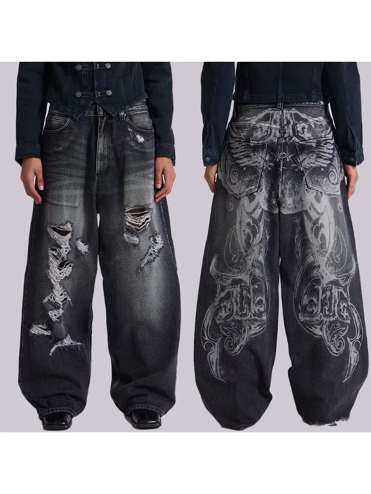 Celana Jeans Wanita dan Pria Gaya HOUZHOU Y2k Gothic Vintage, Grafis, Robek, Grunge, Dicuci, Kaki Lebar, Gaya Amerika, Denim, Baggy, High Street