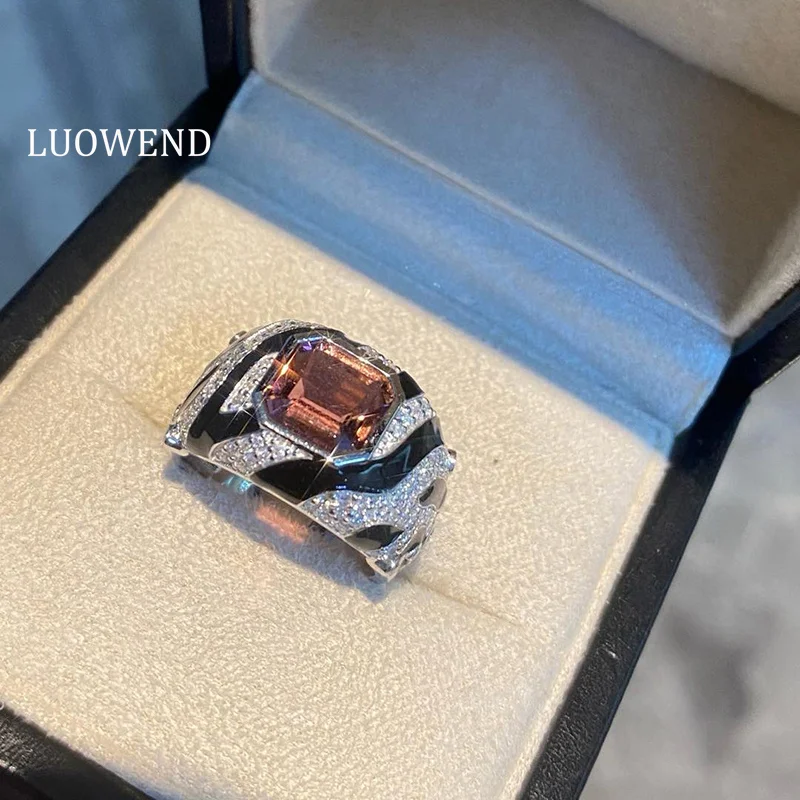 LUOWEND 100% 18K White Gold Rings Fashion Design Luxury Diamond Natural Tourmaline Engagement Ring for Women High Party Jewelry