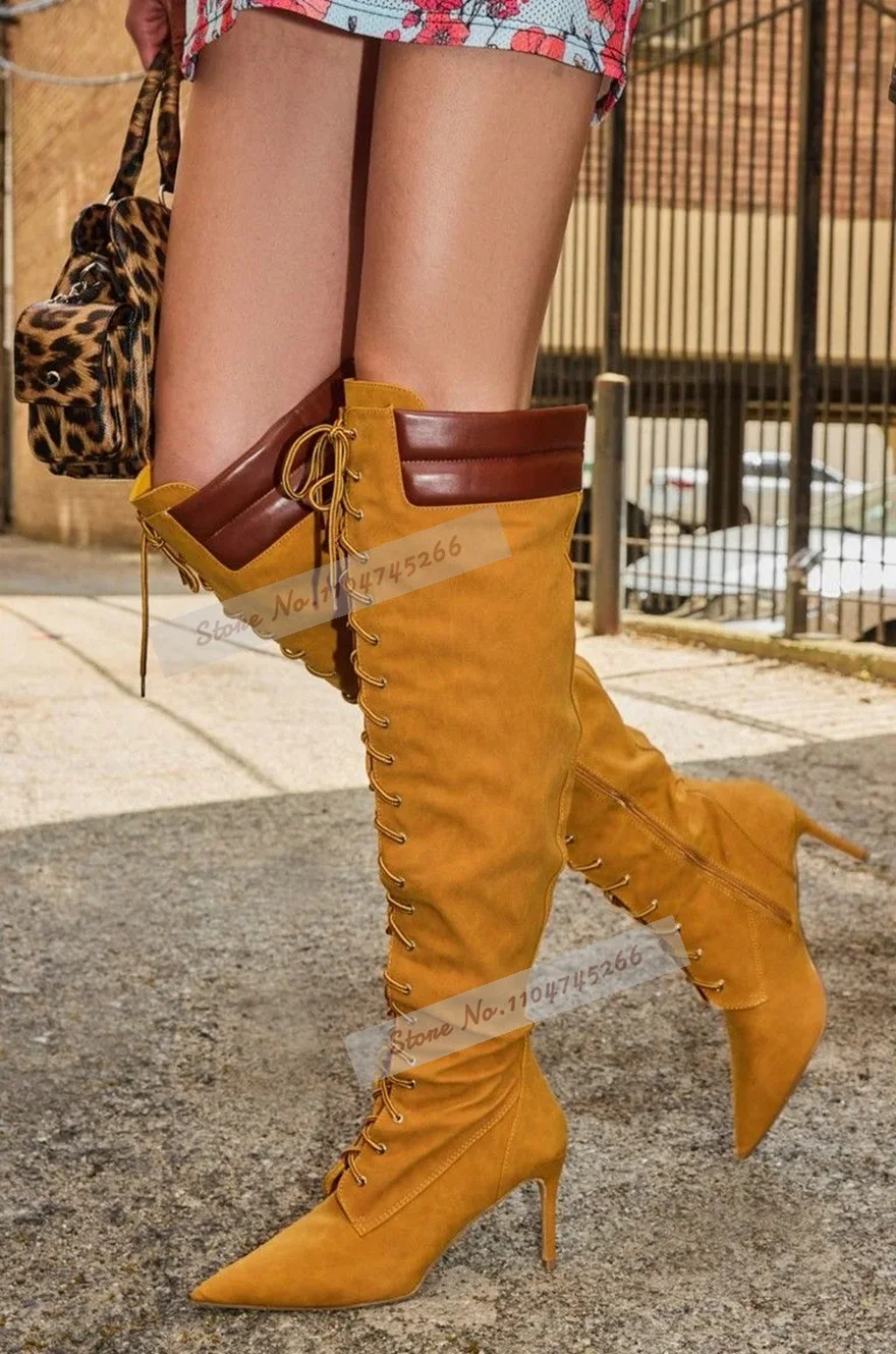 

Camel Suede Brown Collar Over The Knee Boots Women Stiletto Heels Pointed Toe Cross Tied Dress Shoes Autumn Winter Outside Boots