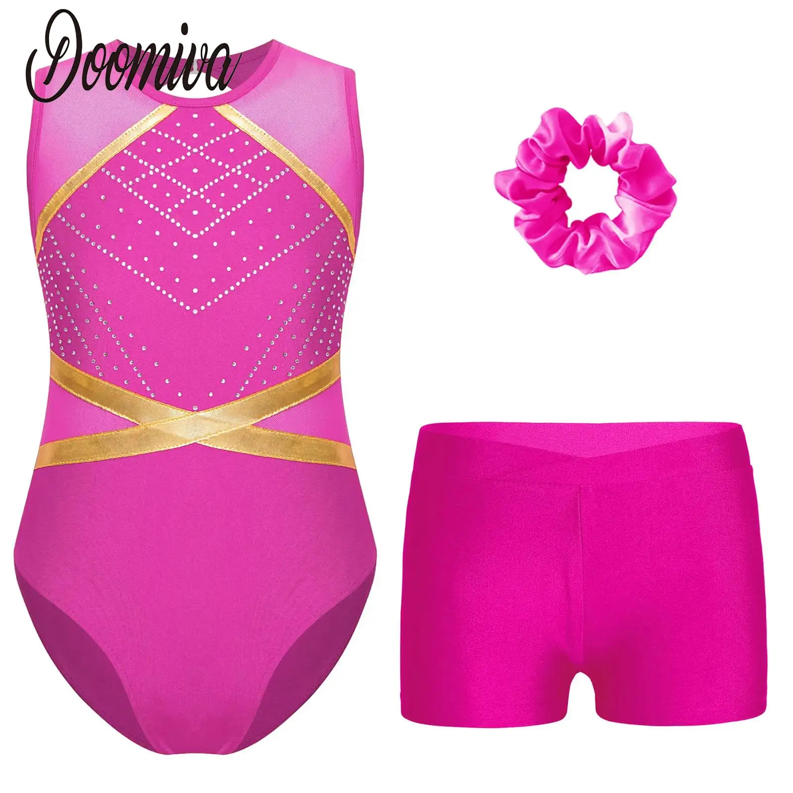 Kids Girls Dance Gymnastics Leotard 2pcs Ballet Dancer Costume Outfit Sleeveless Rhinestones Bodysuit with Shorts Hair Tie Set