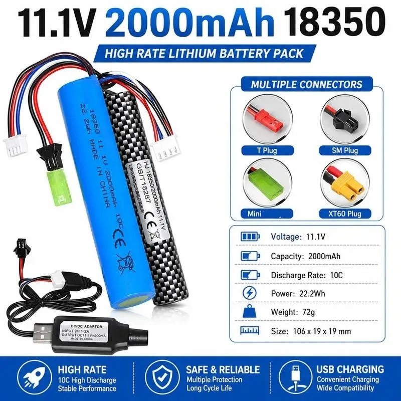 for 11.1V 2000mAh 3S Lithium Battery Pack High Rate 18350 for Water Bullet Holder Electric Toy Replacement Battery