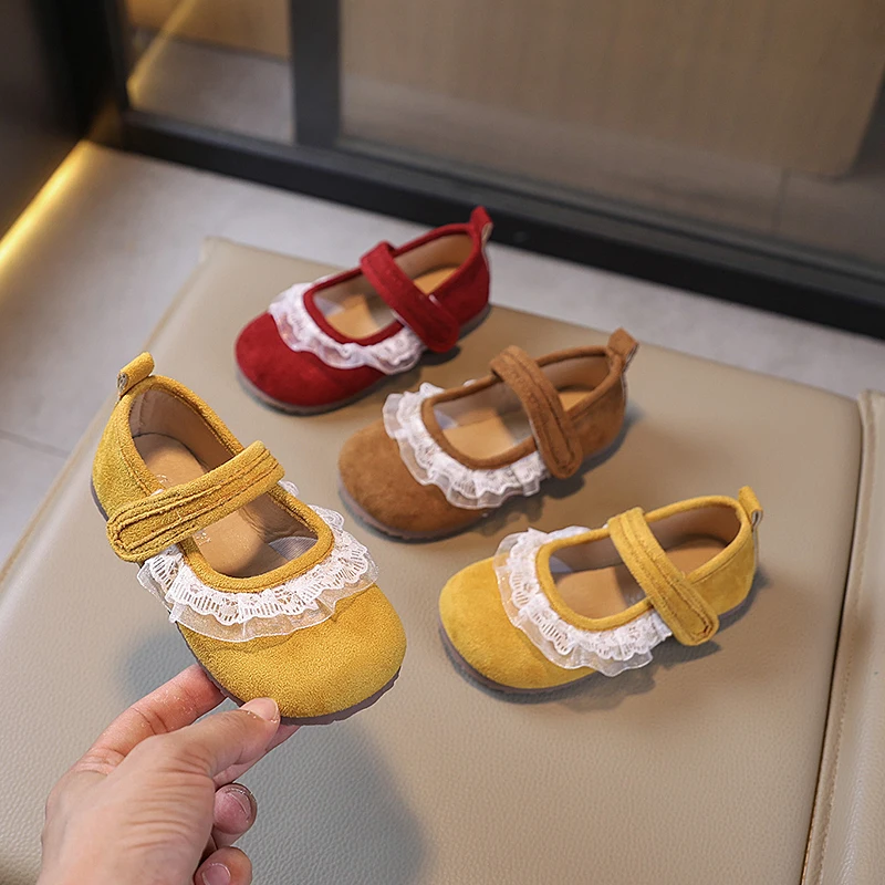 New Autumn Girls Flats Retro Sweet Children Princess Leather Shoes Chic Ruffled Kids Fashion Causal Shoes Soft Suede Non-slip