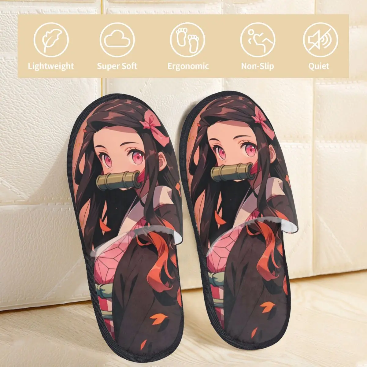 Anime Kawaii Nezuko Winter Plush Slippers Bedroom Demon Slayer Cozy Memory Foam Slides Anti Slip