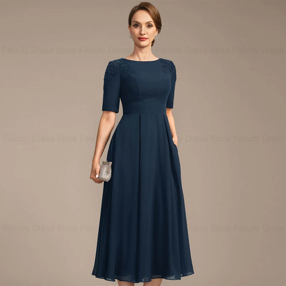 FELICITY Elegant Mother of the Bride Dresses 2024 A-line Scoop Wedding Guest Dresses Appliques Sequins Tea-Length Evening Gowns