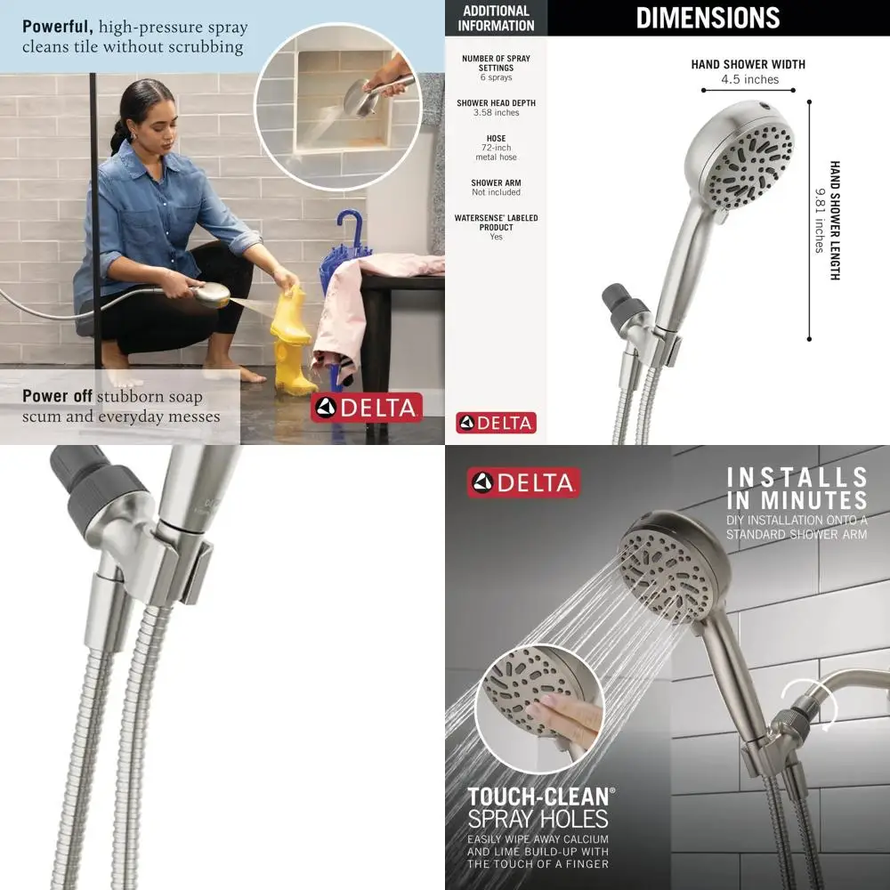 

High-Pressure 6-Setting Handheld Shower Head with Brushed Nickel Finish