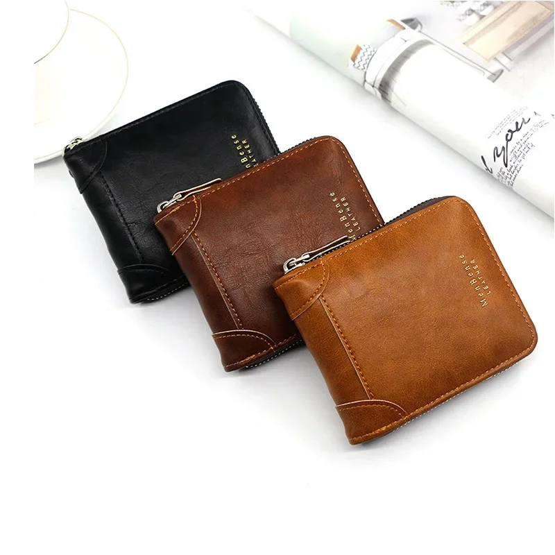 Short Small Zipper Wallet for Men Male Vintage Fashion Casual PU Leather Card Holder With Coin Pocket Coffee Black Brown