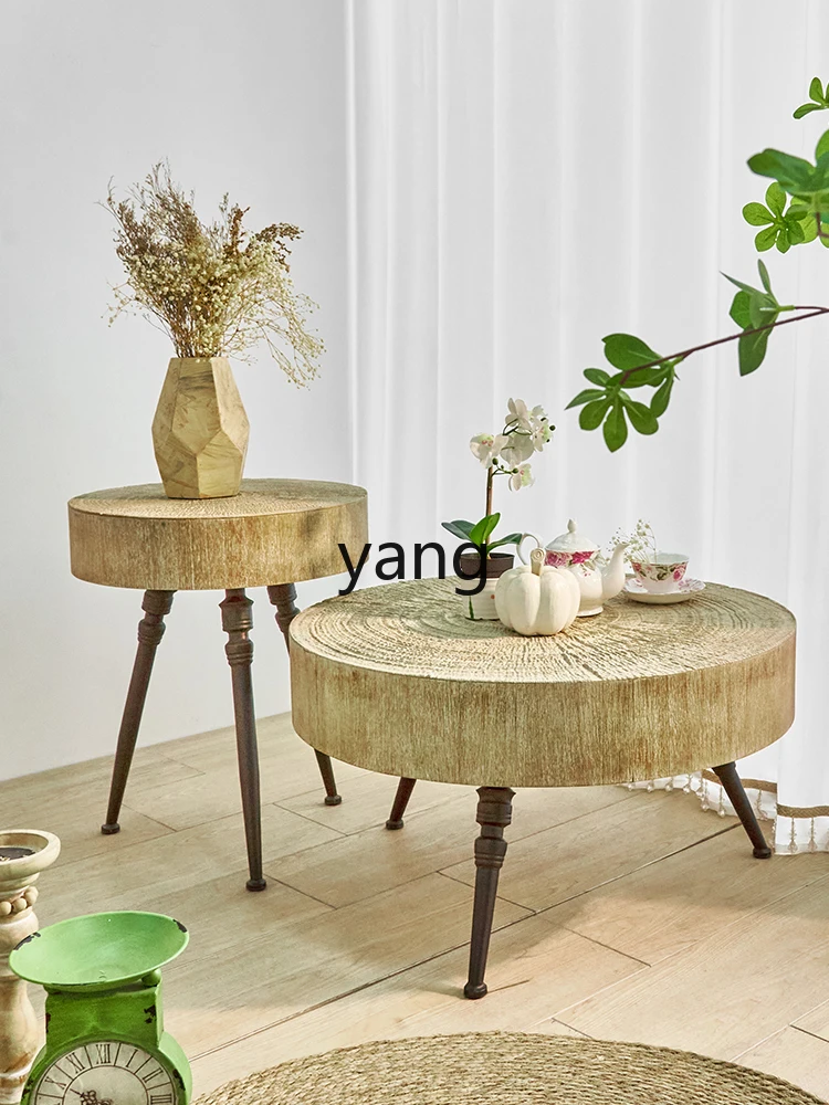 Yjq Solid Wood Tea Table Household Small Apartment Tea Table round Iron Craft Coffee Table Meeting Negotiation