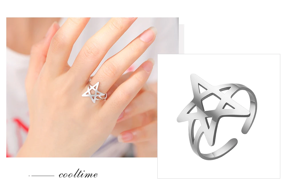 COOLTIME Hohle Pentagramm Verstellbare Ringe für Frauen Edelstahl Trend Stern Mond Ringe Schmuck Geschenk – Detail 10
