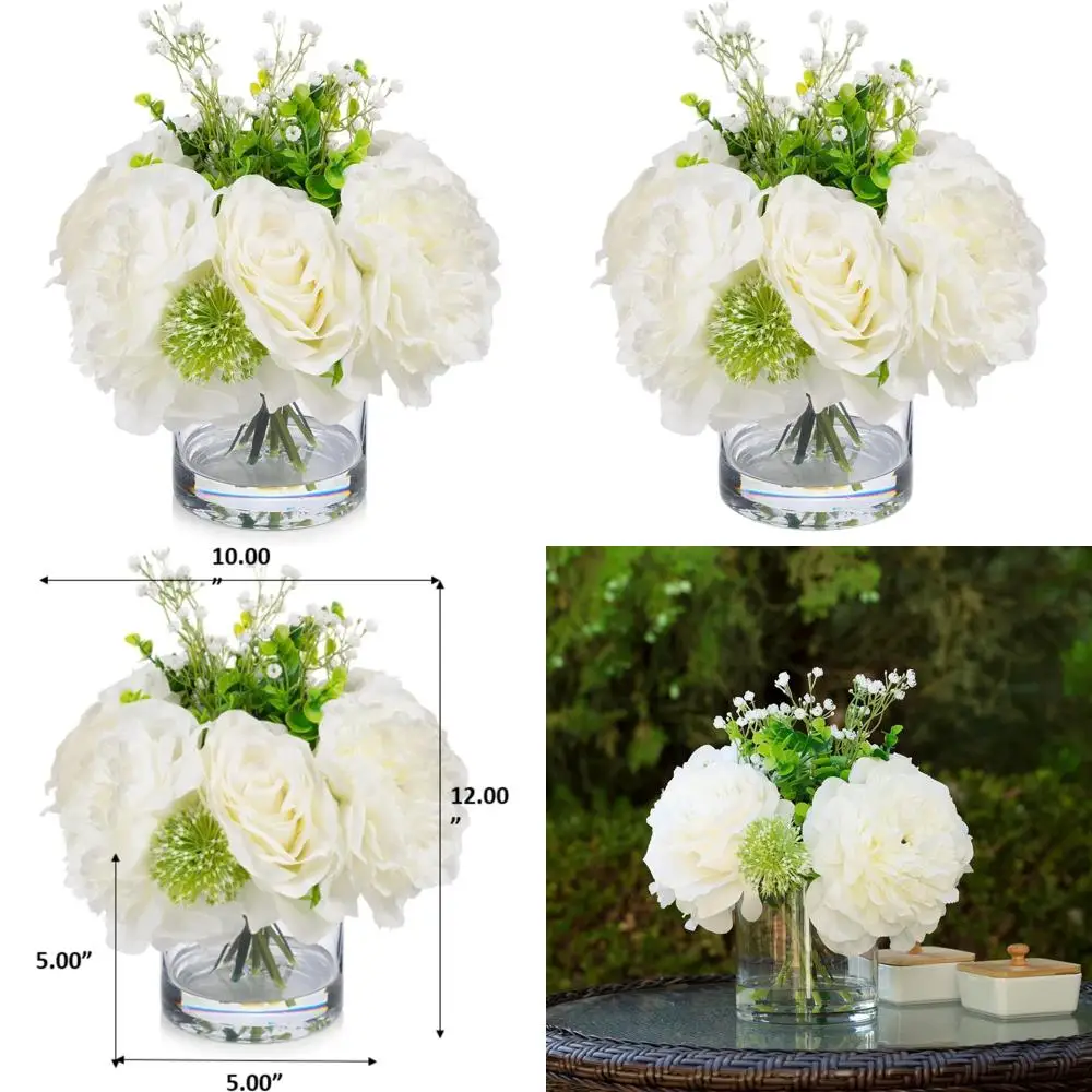

Elegant Cream Vase with Mixed White Roses and Silk Peonies for Dining Table Centerpieces and Home Decor