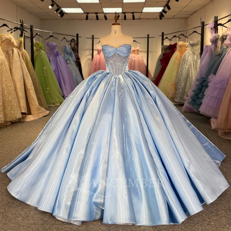 

Light Blue Shiny Quinceanera Dresses Off The Shoulder Beading Crystal Corset Party Birthday Sweet 16 Dress Vestidos De 15 Anos