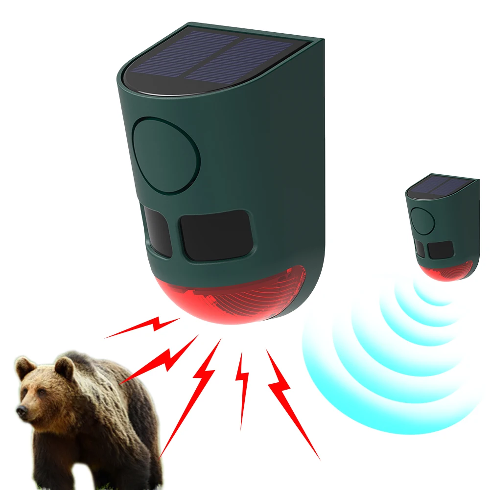 

Solar Outdoor Motion Sensor Alarm 129dB Loud Sound Noise Maker with Strobe Light To Deter Raccoon Deer Skunk Bear Coyote