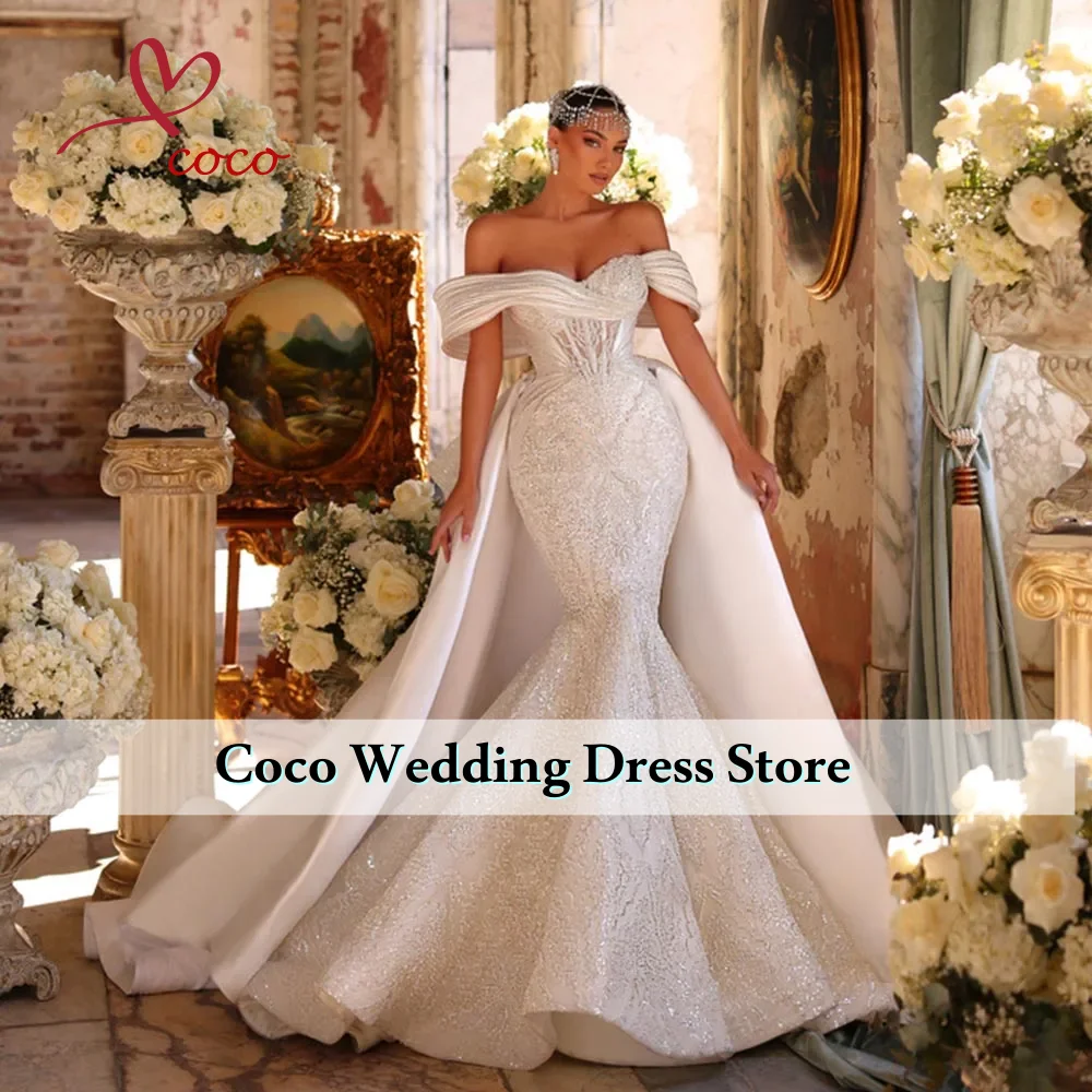 

Customized Gorgeous Sweetheart Neck Full Beads Pearls Mermaid Wedding Dresses With Detachable Train Vestido De Noiva Sereia