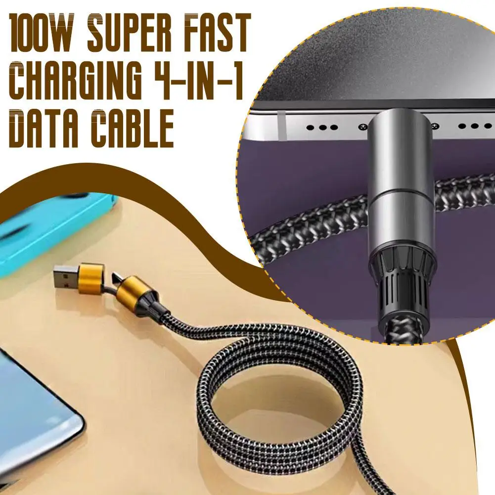 100W Super Fast Charge 4-in-1 Data Cable Dual-head Four-port Door With Only One Line FOR IPhone Android Pad Charging Cable Y9E0