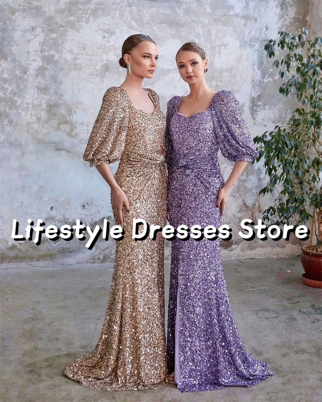 

Sequin Sparkly Mermaid Prom Dresses Half Puff Sleeve Evening Dresses 2024 Backless Party Gown vestidos para eventos especiales