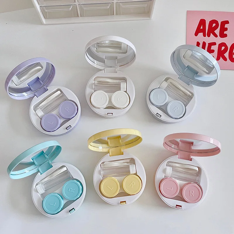 

Женский чехол для контактных линз ярких цветов для глаз с зеркалом, дорожный комплект, держатель, контейнер для линз, мини-круглые коробки для линз