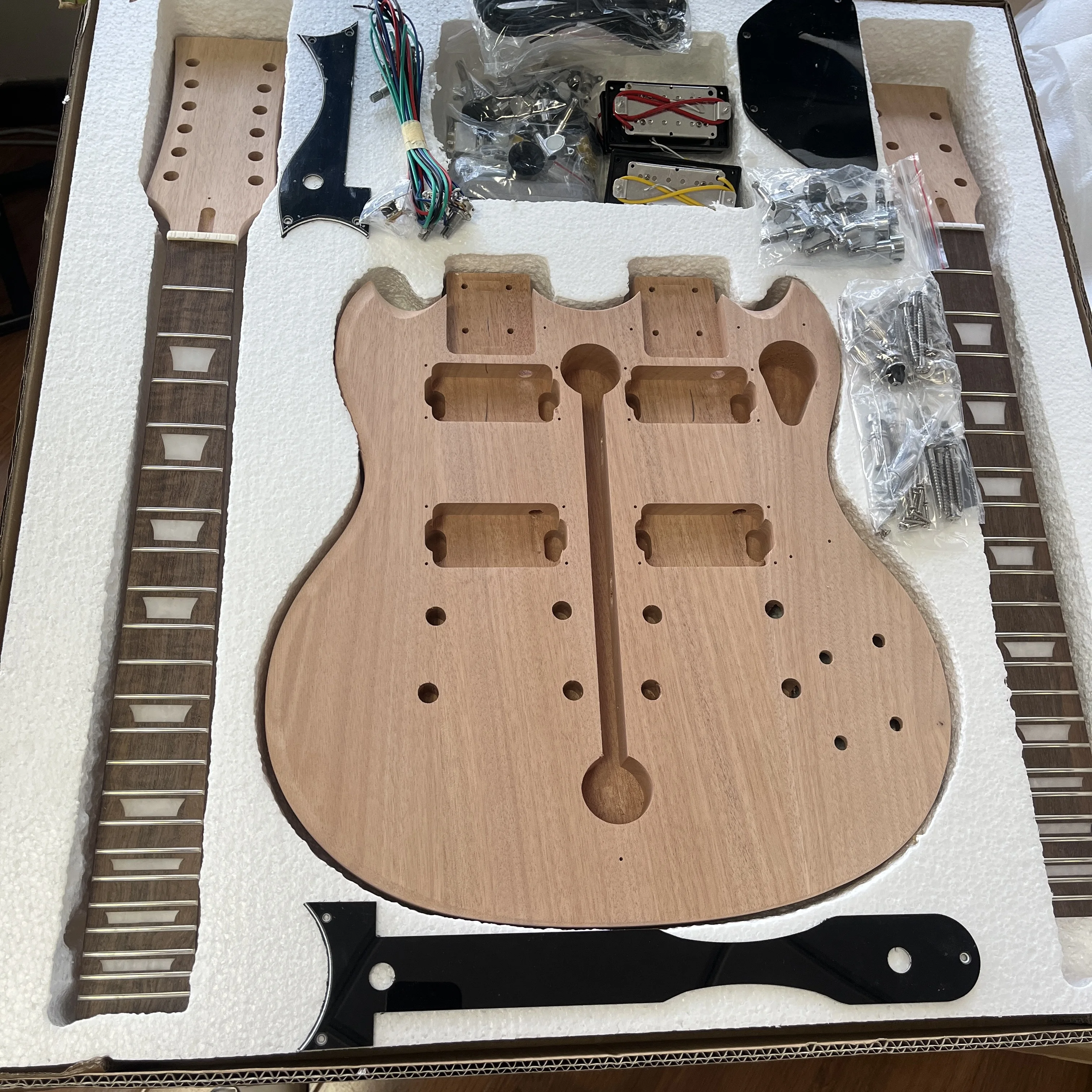 

DIY double-neck electric guitar kit factory direct sale. Rosewood body with high-quality material. Quick delivery.
