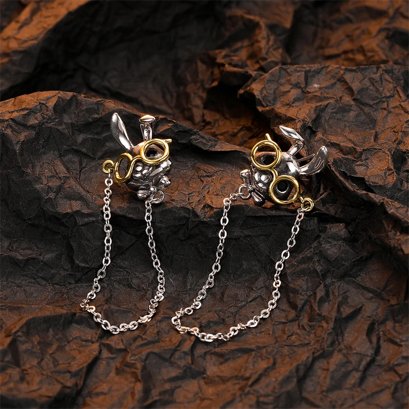 925 Sterling Silver Vintage Tassel Chain Long Drop Earrings for Women Girls Cute Glasses Rabbit Earrings Party Jewelry Gift