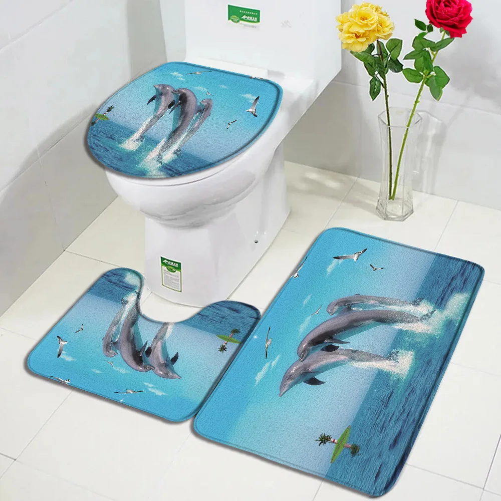 Funny Dolphin Bath Mat Set Sea Turtle Fish Animal Underwater Scenery Children Bathroom Decor Carpet Non-Slip Rug Toilet Lid Mats