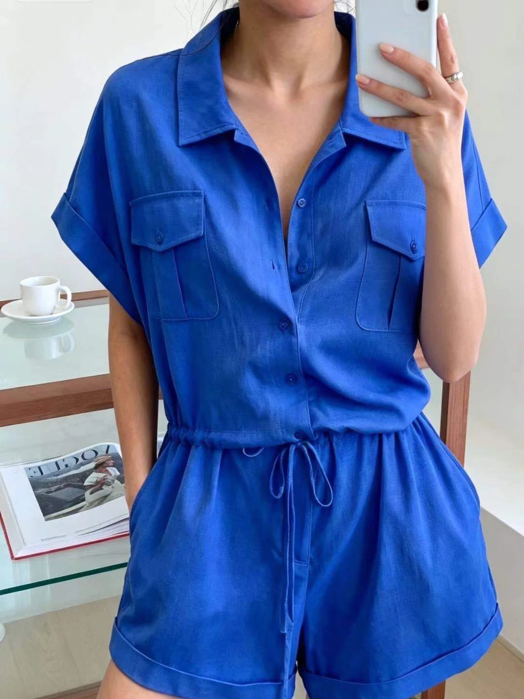 Casual Workwear Style Bib Overalls Women's Summer Slimming Drawstring High Waist Short Pants High Quality Commute Straight Leg
