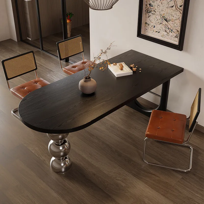 French Bauhaus Mid-Century Solid Wood Dining Table Oval/Semi-Circle Table with Metal Ball Base Vintage Home Furniture