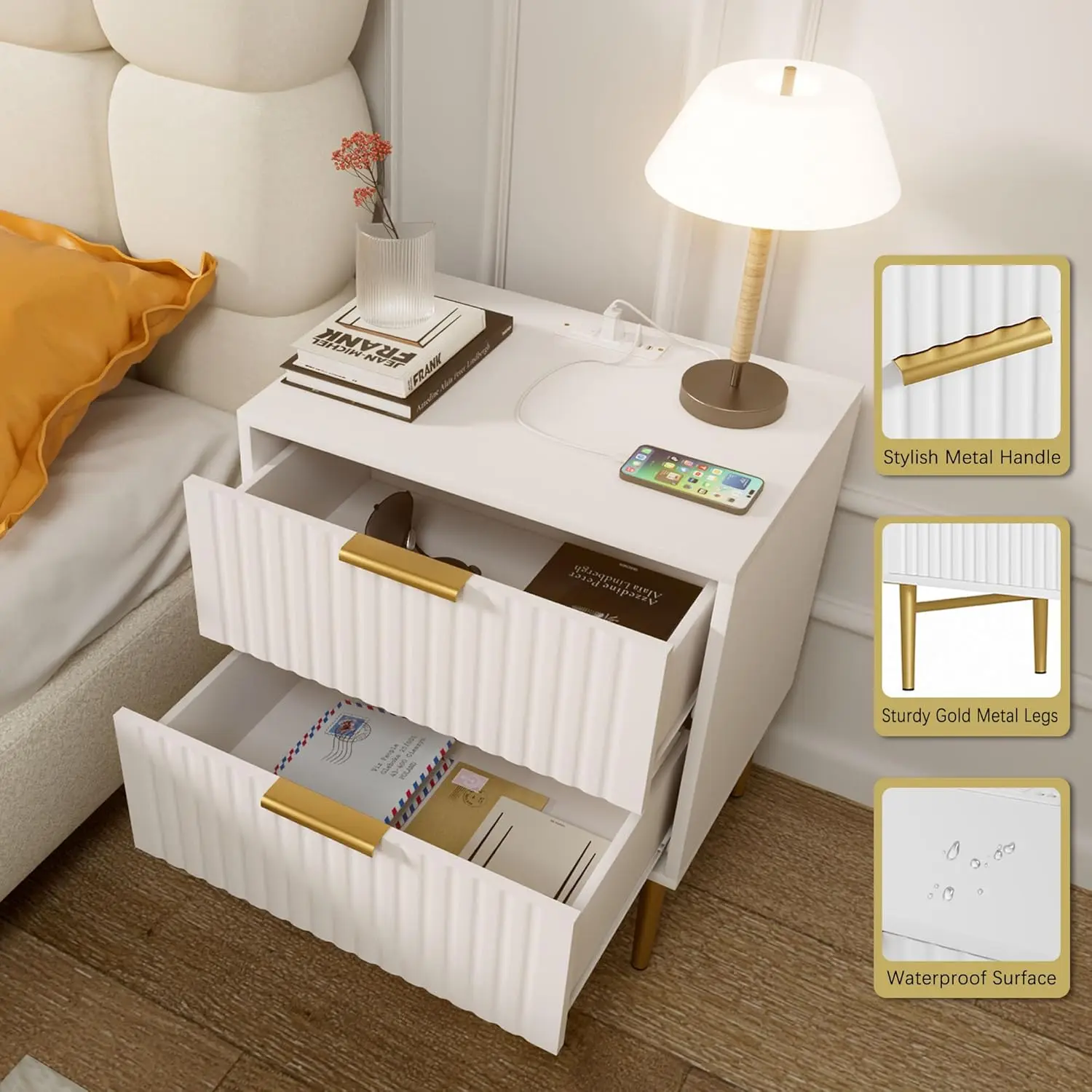 White Nightstand Set of 2 with Charging Station, Fluted Nightstand with Drawers, Modern Bedside Table with Gold Legs