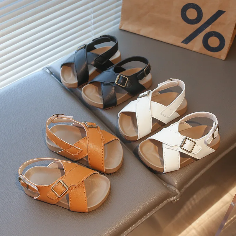 Kids Sandals Dual Buckle Soft Wood Sole Retro Breathable Anti-Slip Unisex Summer Shoes Casual Beach Outdoor Wear Adjustable