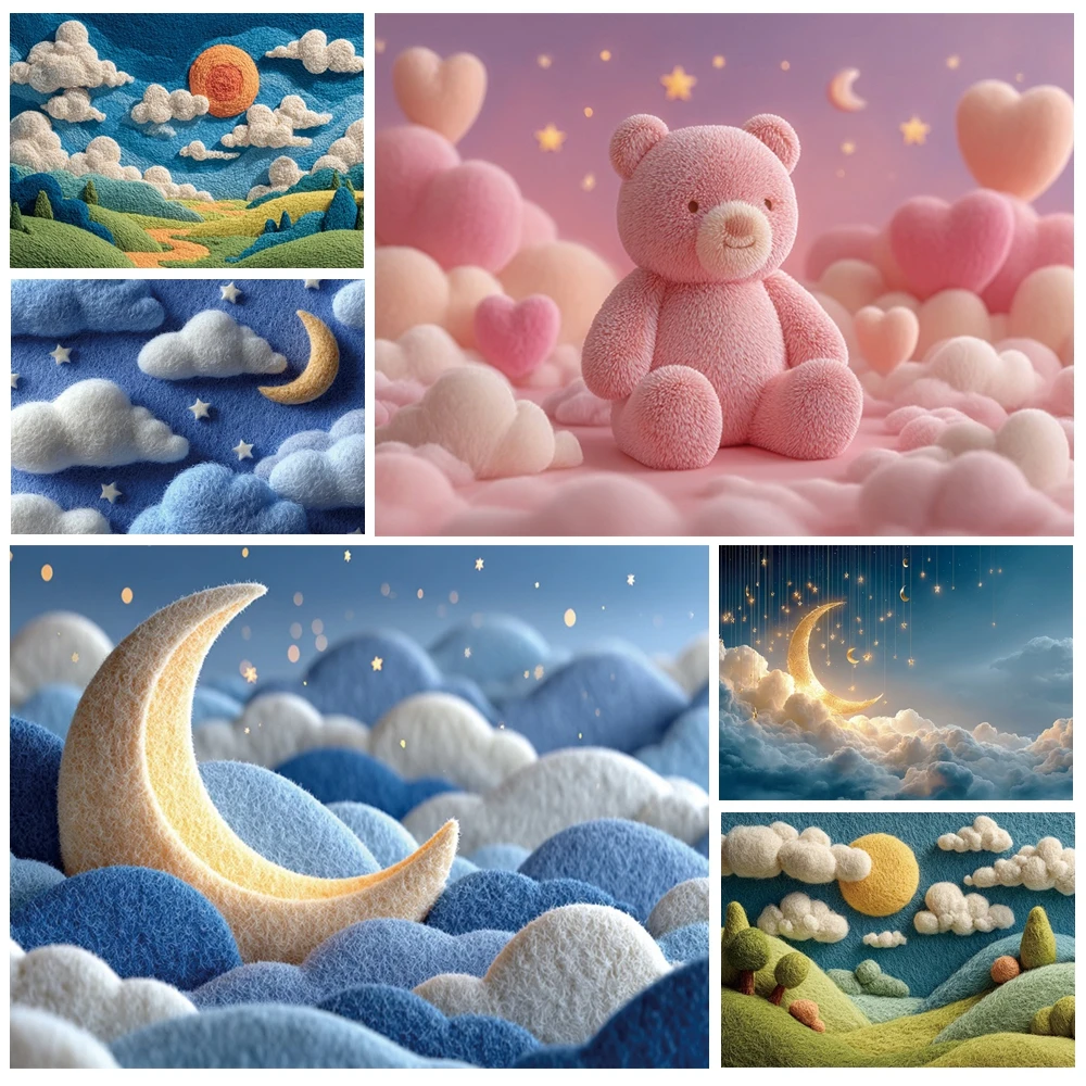 

MOON.QG Backdrop Fuzzy Golden Star Cloud Hill Village Background Studio Party Photozone Wallpaper Kids Birthday Shooting Props