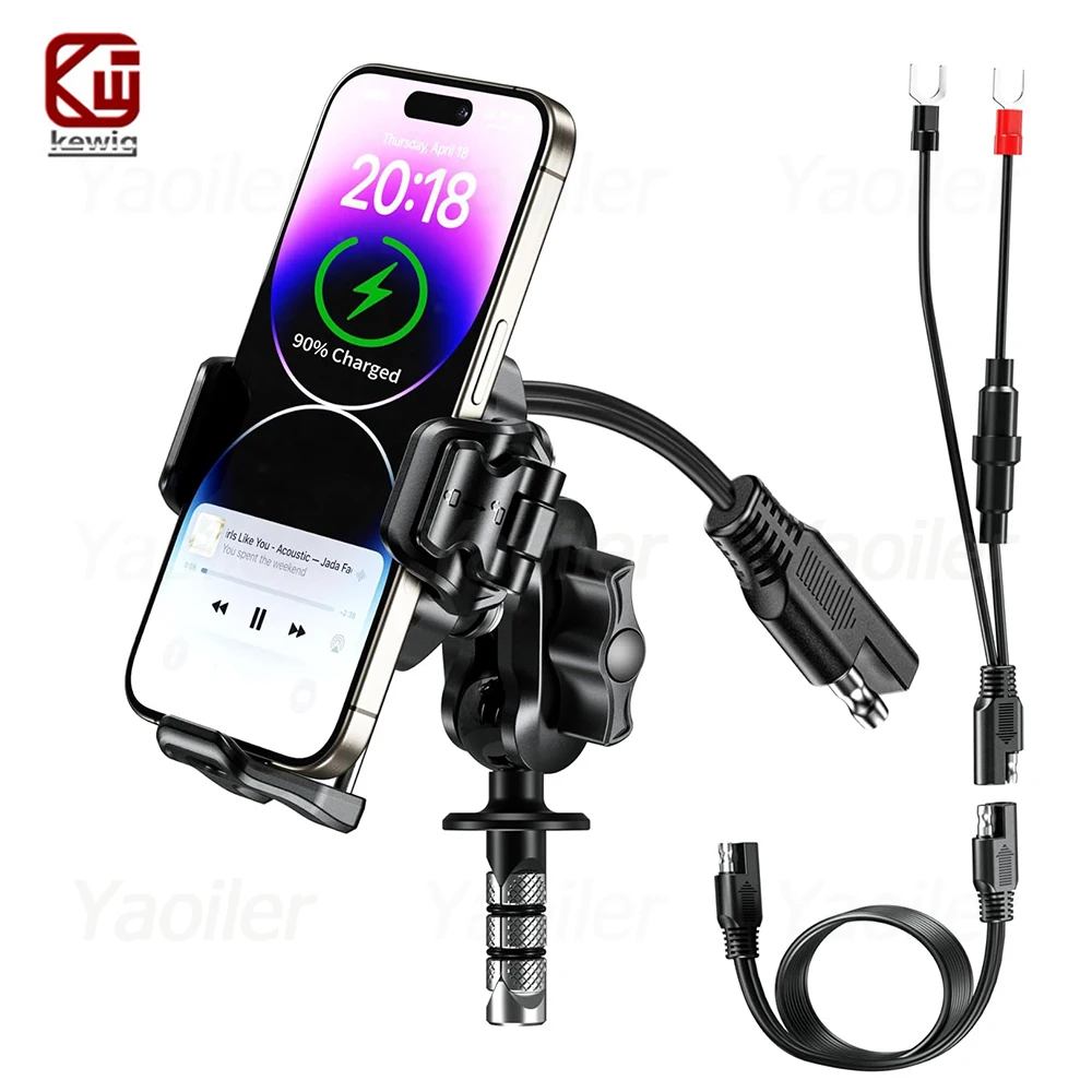 Kewig NEW Motorcycle Fork Stem Shock Absorption Phone Mount Holder w/ Qi 15W Wireless Charger & 36W PD/USB-C Fast Charging Port