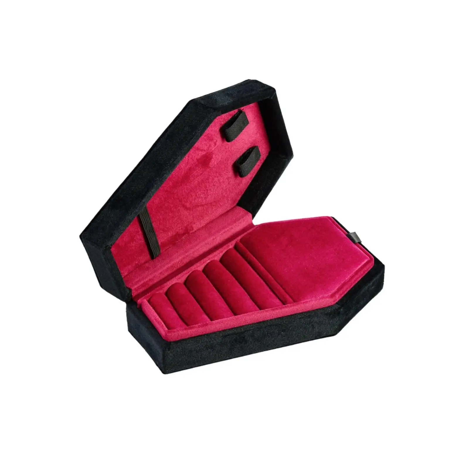 Black Velvet Jewelry Storage Case Coffin Box for Accessories with Red Velvet Lining and Removable Tray