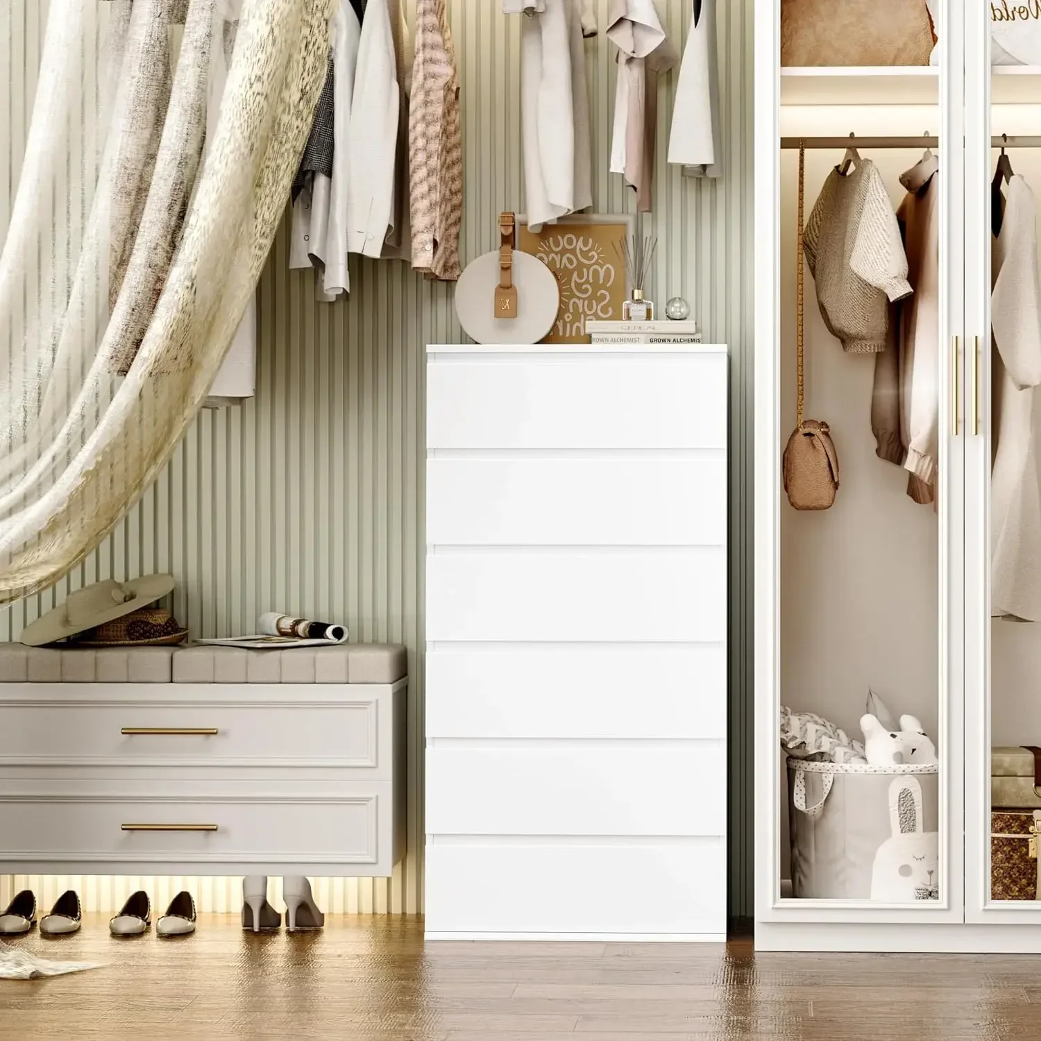 

White Dresser, 6 Drawer, Modern Tall Floor Storage Cabinet with Metal Sliding Rail, Wooden Handleless Drawer , for Home & Office