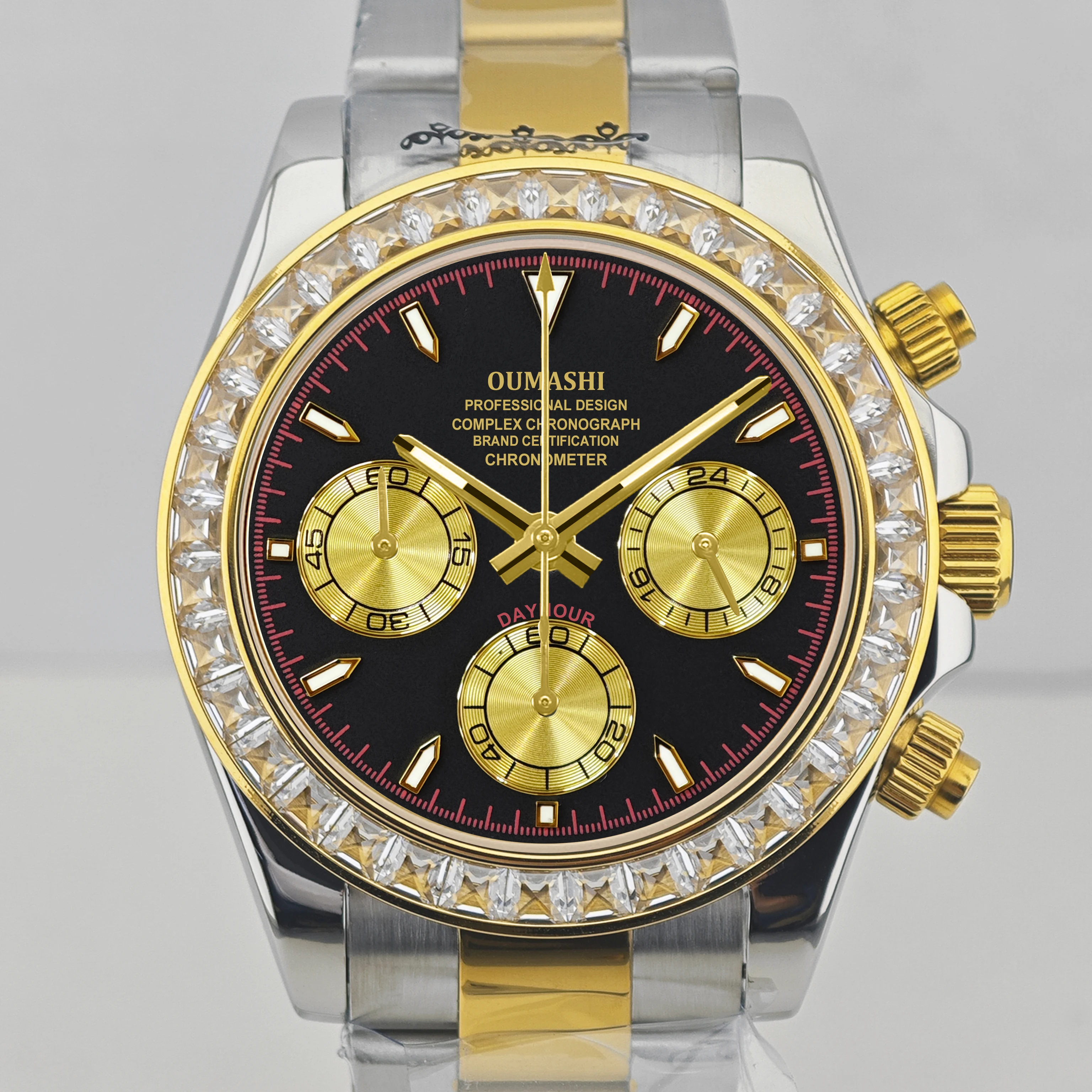 

OUMASHI 42 мм бриллиантовые серебристо-золотые мужские часы с хронографом VK63, кварцевый механизм, светящееся сапфировое стекло, индивидуальный логотип, доступный