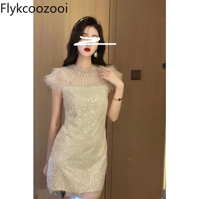 

Celebrity Luxury Sequins Beading O-neck Mesh Spliced Tank Dress Summer Women Premium Flying Sleeve Slim Evening Party Mini Dress