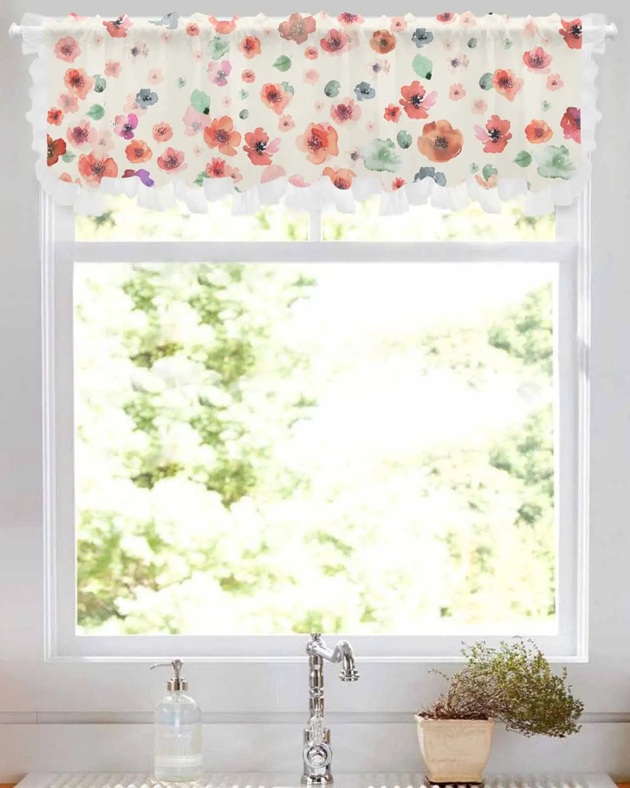 

Watercolor Flowers Hand Painted Short Tulle Half Curtains for Living Room Kitchen Door Cafe Window Sheer Valance Drapes