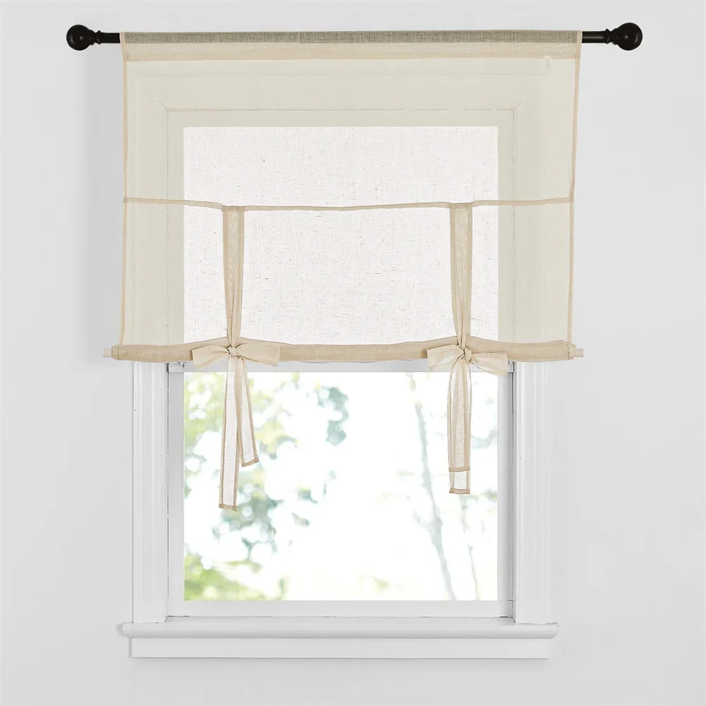 RYB HOME 1PC Tie Up Shade Rod Pocket Sheer Curtain Modern Solid European and American Style for Kitchen Small Window