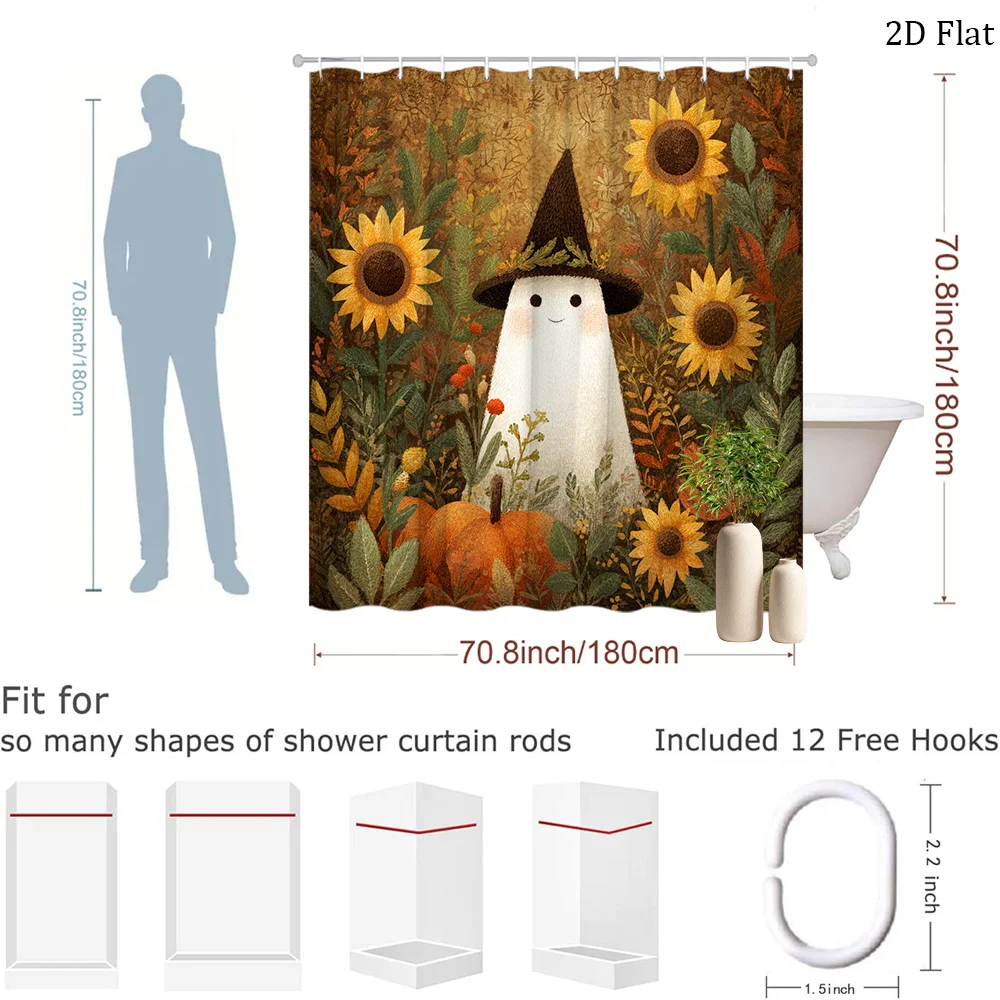 1pc Halloween Shower Curtain Cute Friendly Ghost with Witch Hat Sunflower Pumpkin Rustic Fall Plant Floral Vintage Farmhouse Sty