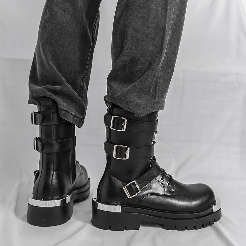 Men Chelsea Boots PU Solid Color Thick Sole Height Increasing High Top Metal Big Toe Workwear Boots image 6
