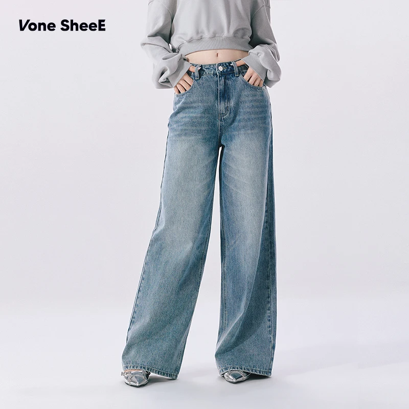 

Vone eeE 2026 New Sle High Waist Loose Wide Leg Blue Waed Denim Jeans Women's Spicy Girl Straight Cut Trousers