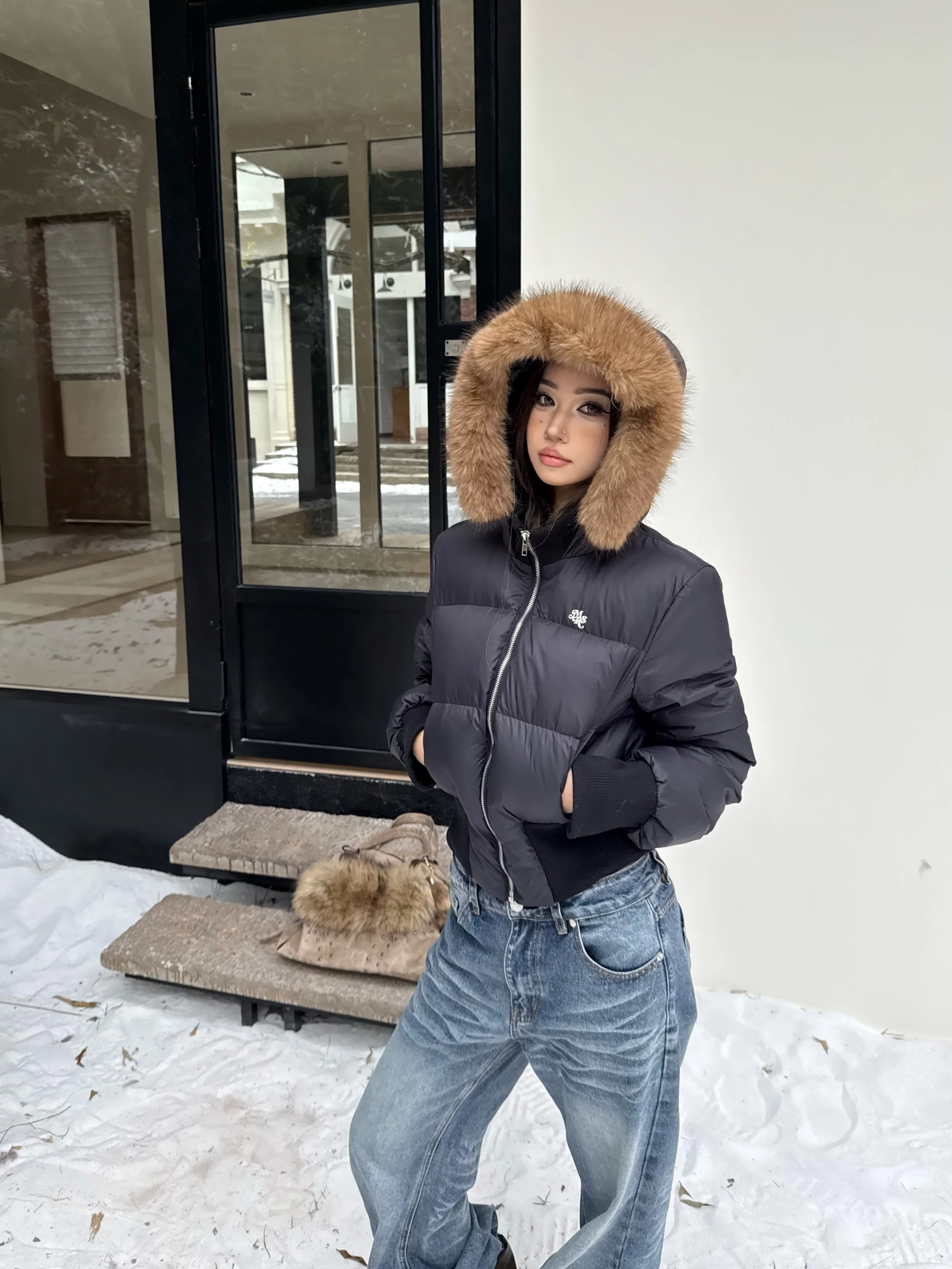 

ZZHLazy American Sle Women's ort Quilted Jaet with Big Fur Collar Waist-Cinching down Coat Warmth Insulation Outerwear