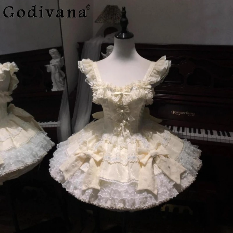 

Summer French Sweet Lolita Dress Women's Cute Flying Sleeve Bow Waist Dress Female Lolita Style Slimming Princess Dress