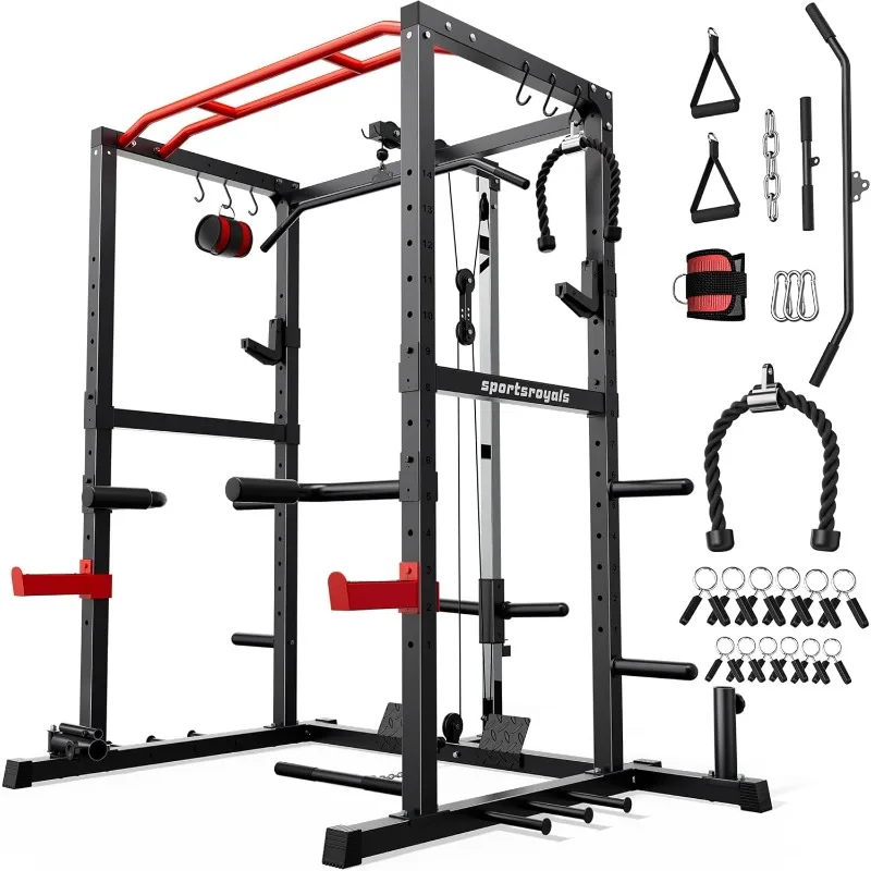 

SPORTSROYALS Power Rack, Multi-Functional Power Cage, Squat Rack with Pulley System & LAT Pull Down, Workout Cage