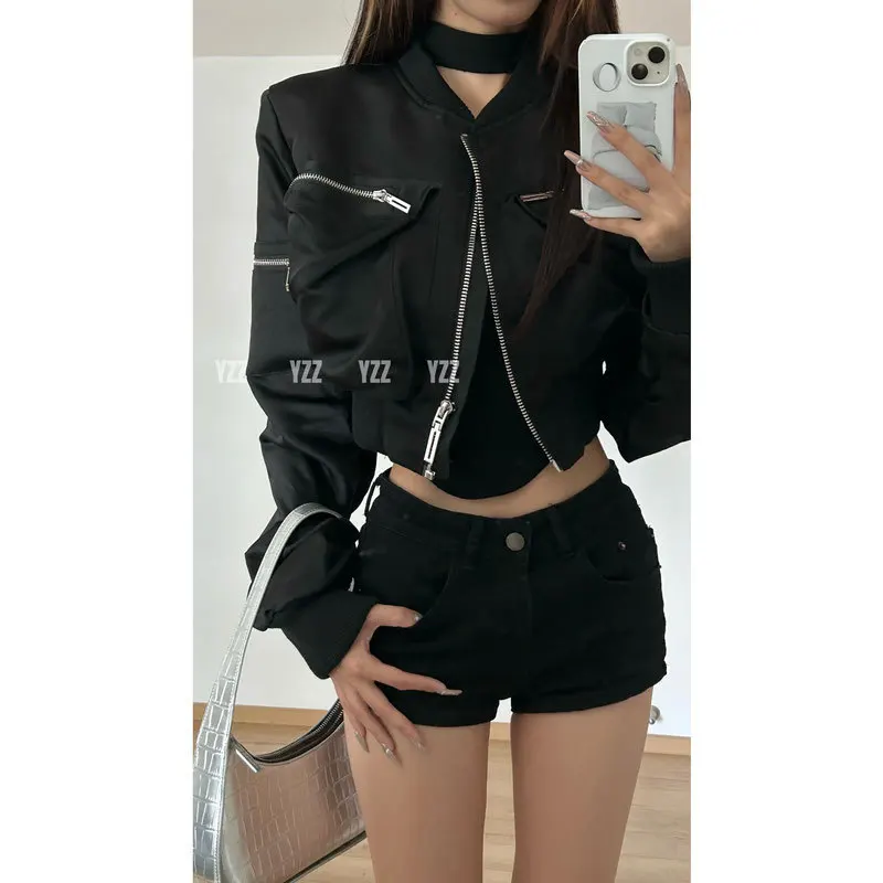 신상품 여성용 재킷 야구 져지 지퍼 크롭 코트 하이웨이스트 슬림 숏 코트 봄 가을 긴팔 아우터웨어 탑 블랙