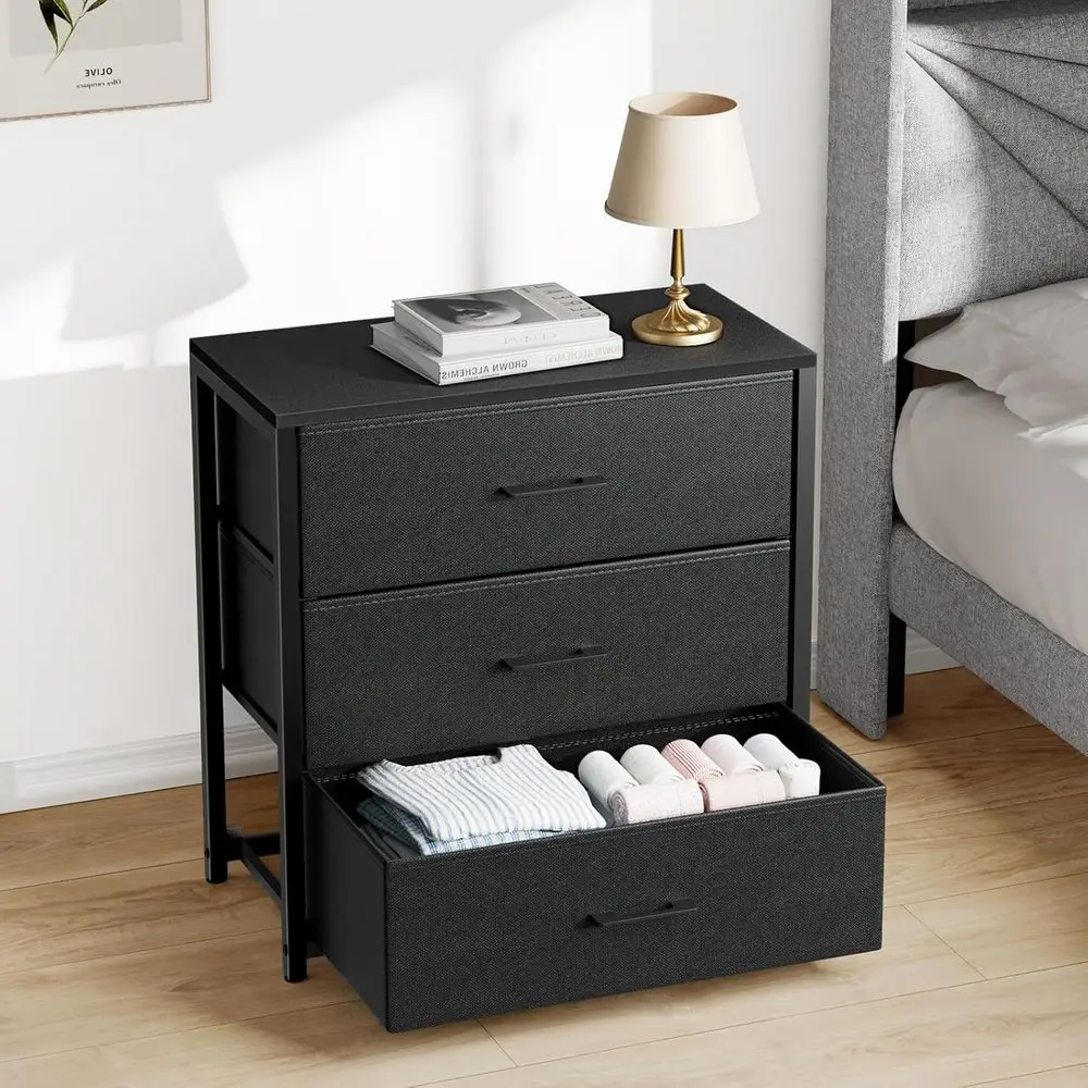 

3-Drawer Nightstand for Bedroom, Fabric and Metal Storage Drawers, Wooden Top Coffee Table with Easy Pull Handles, Sleek Black F