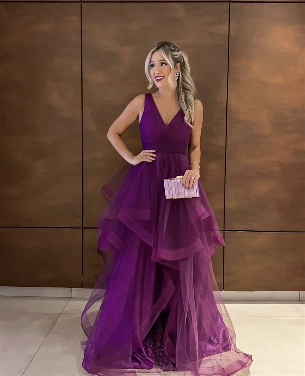 Jessica-vestido De tul púrpura con volantes para mujer, traje elegante De noche para Fiesta, ocasiones formales, boda, 2024