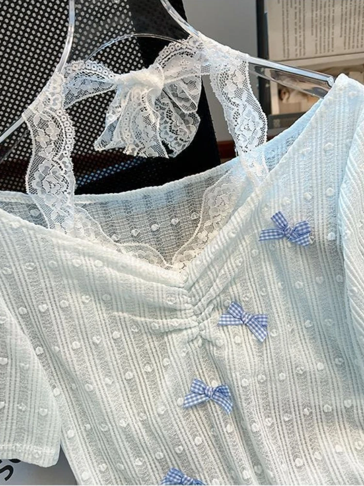 Lace Halter Off Shoulder Top Women False-two Short Sleeve T Shirt Sweet Sexy Bow Tied Comfortable Summer Tees