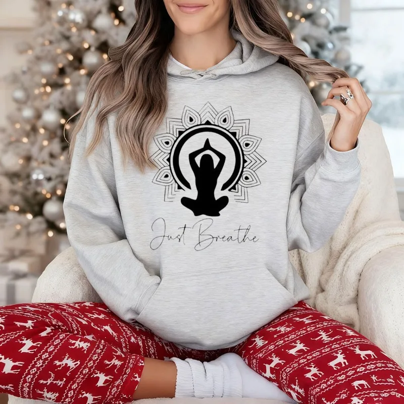 Just Breathe Unisex Hoodie, Yoga Graphic Top Yoga Motivational Mindfulness Positive Autumn and Winter Simple Print Thermal Hoody